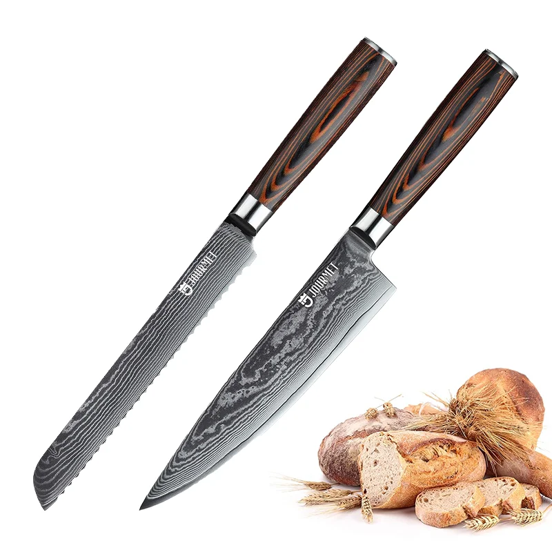 2PC Professional Grade Damascus Kitchen Knife Set - Japan VG10 Stainless Steel, Chef's Knife and Bread Knife