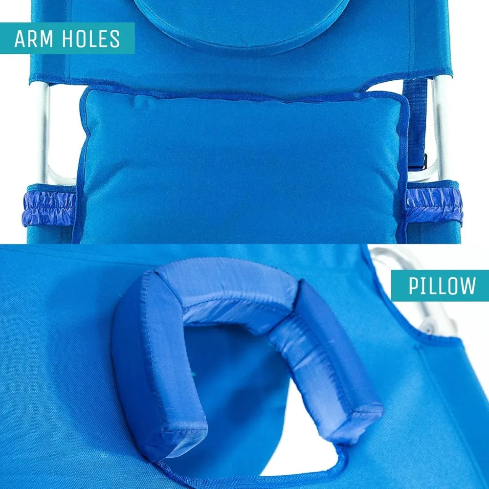 كرسي شاطئ مبطن مع وسادة للوجه ومساند للذراعين - كرسي أزرق خفيف الوزن قابل للطي مع مسند ظهر قابل للتعديل