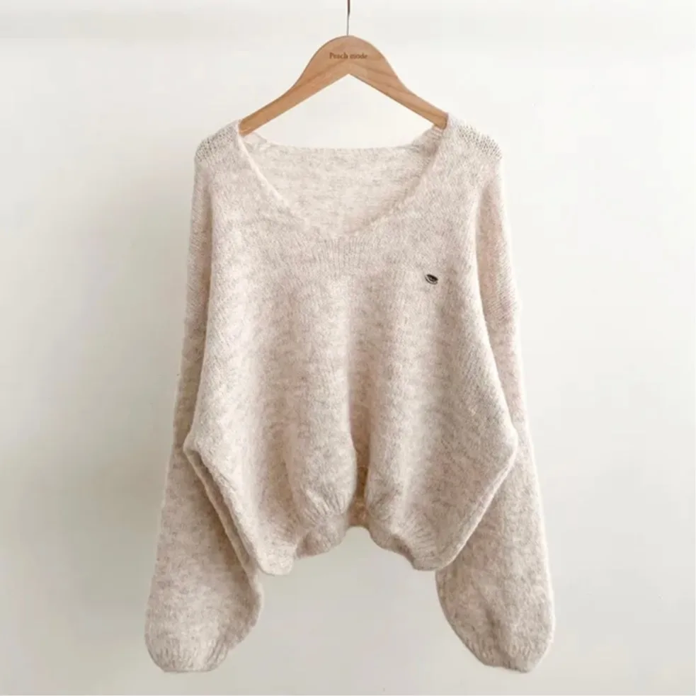 Suéter de Punto Peludo con Cuello en V, Estilo Hoado y Casual para Primavera/Otoño 2025, Versátil, Simple, de Manga Larga y...