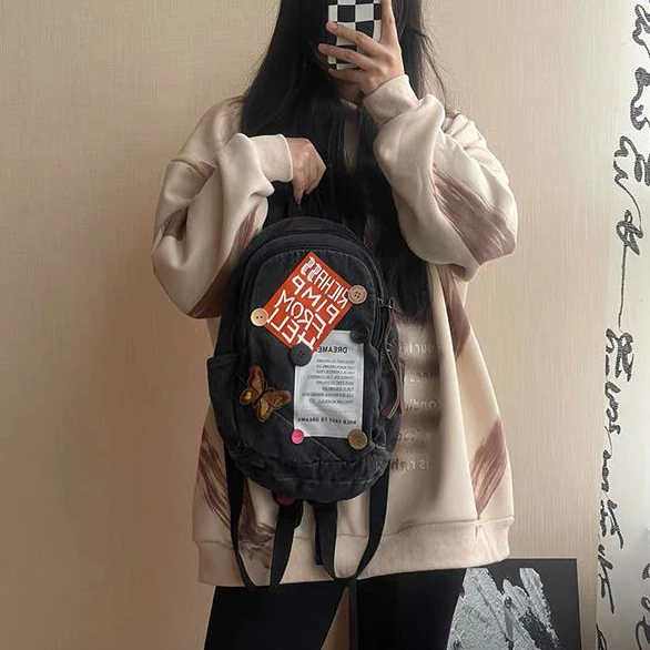 American Retro Buttons Collage Letter Cute Mini Backpack Student Schoolbag Storage Bag Kawaii Y2k Handbag Cowboy Book Bag