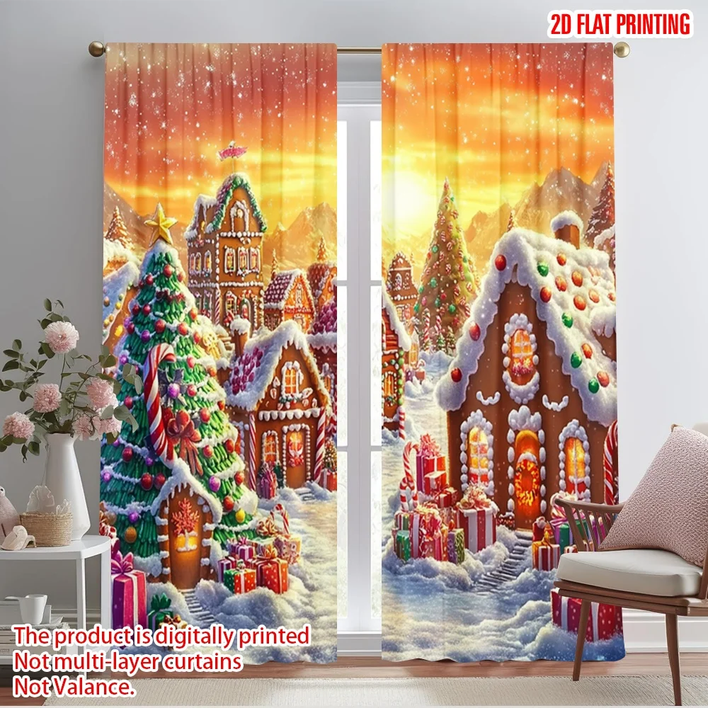 2pcs,2D plane printing Window Curtain Christmas candy wonderland Polyester Woven (without rod) Festive Perfect for Living Room,