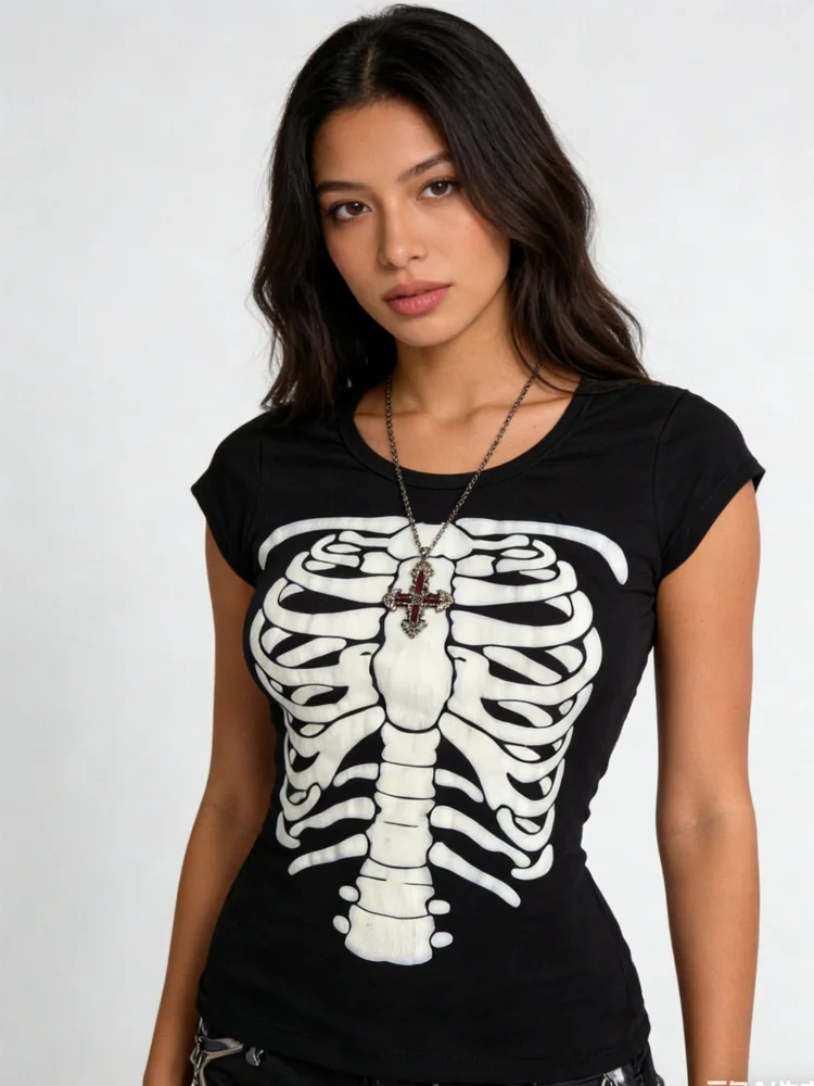 

Street wear punk retro skull dark style women's letter casual T-shirt short sleeved summer new women's Gothic Y2k clothing