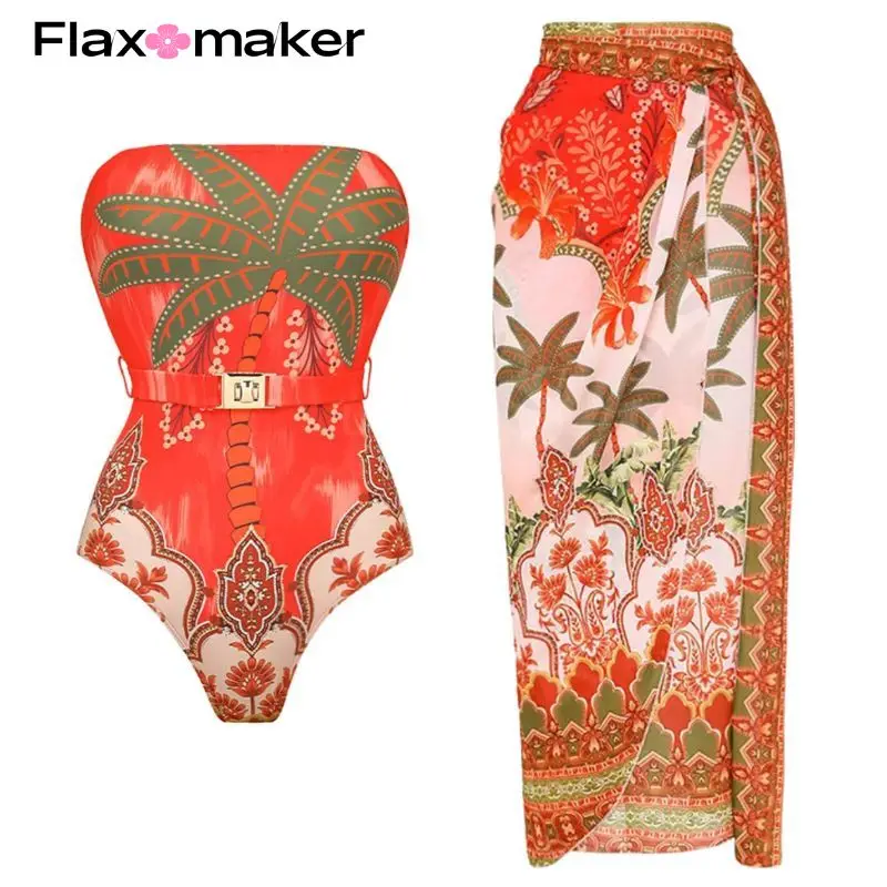 FLAXMAKER Printed Belt Bandeau One Piece Swimsuit Swimwear and Sarong  Swimsuit FLAXMAKER Clearance Wholesale