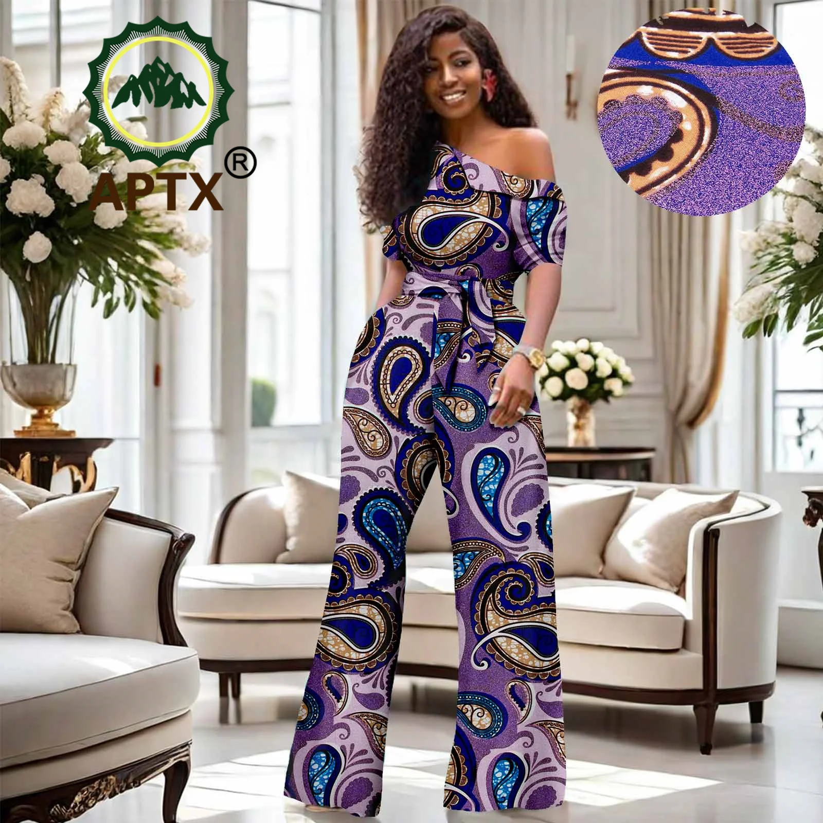 African Women\'s Dashiki Printed Skew Collar High Waisted Cotton Jumpsuit Dashiki Fashion One Piece Suit Set