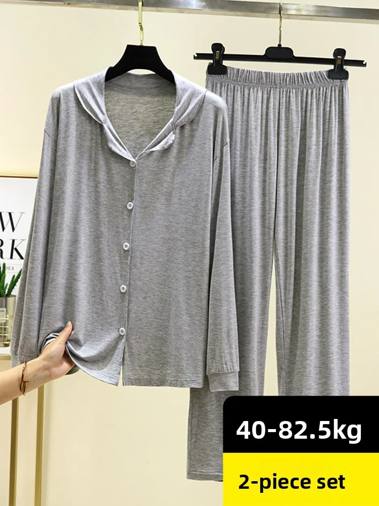 Modal longo sve spwear conjunto feminino primavera verão leve casual solto ajuste casa roupas de duas peças conjunto botão frontal