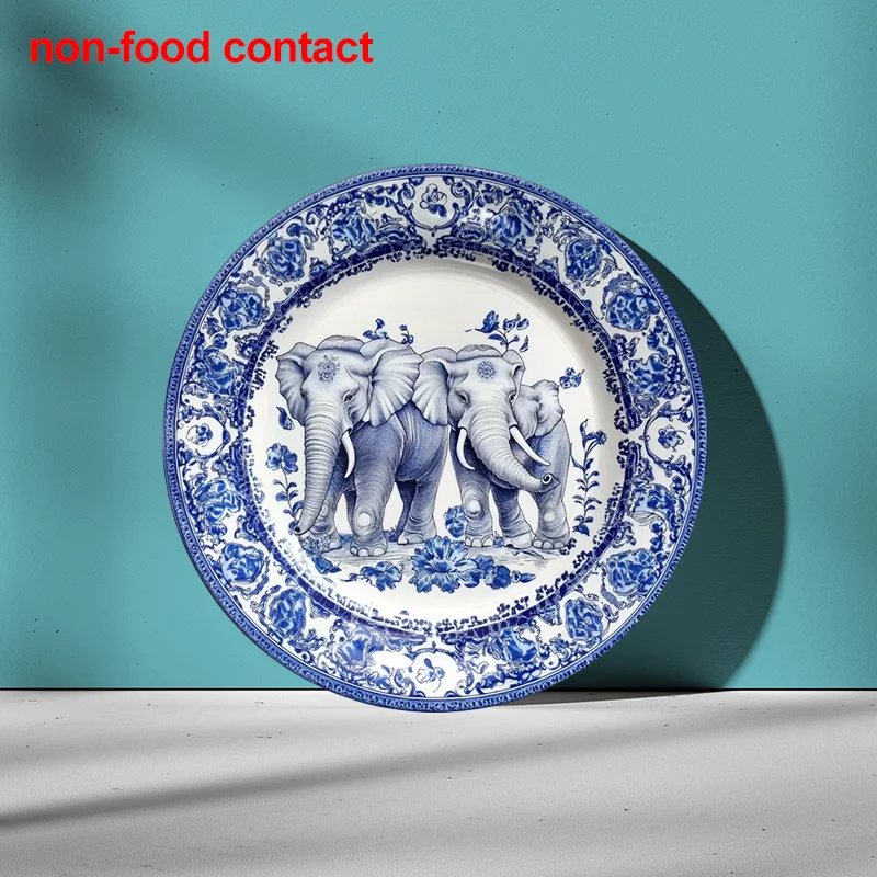 1 plato decorativo vintage azul y blanco con elefantes - Patrón floral estilo asiático, arte de pared o expositor de joyas sin contacto con alimentos