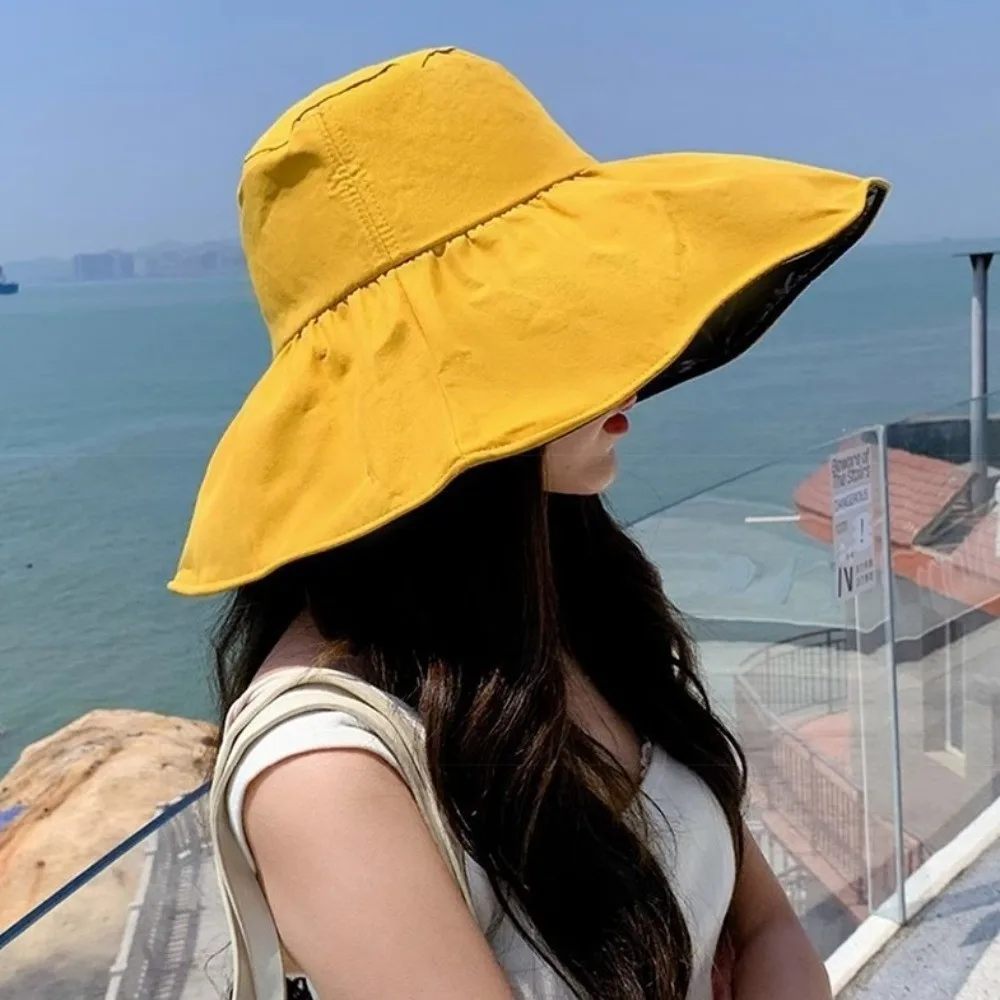 Solid Color Women Fisherman Hat Anti-Ultraviolet Adjustable Wide Brim Sun Hat with Windproof Rope Sunshade Sun Protection Hat