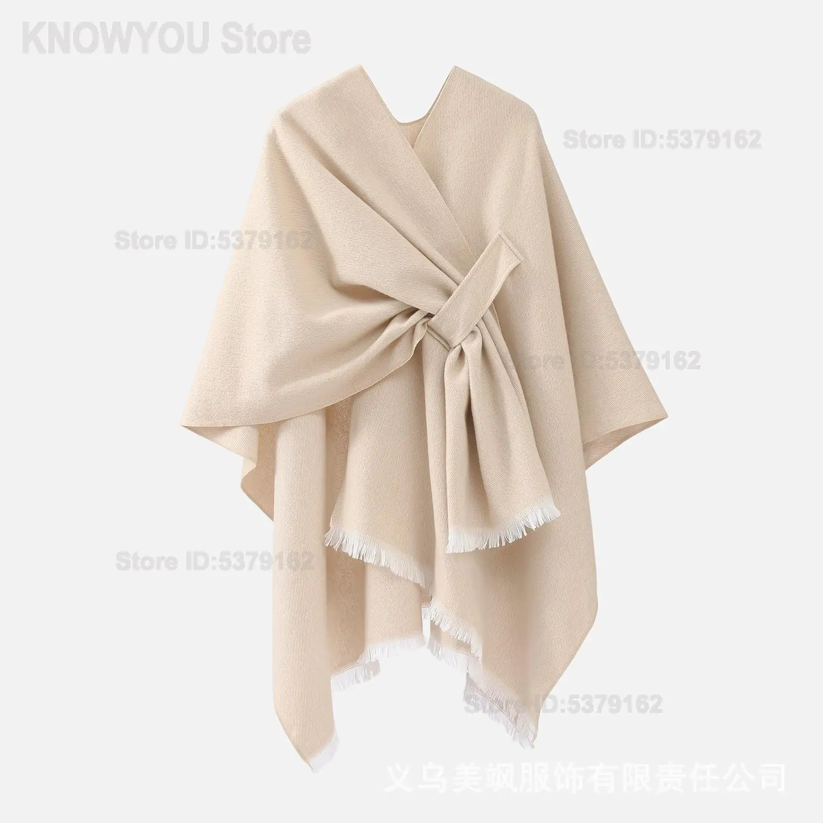 Women Maillard Tone Tie Shawl Tassel Split Cloak Warm Outer Wrap for Grassland Western Sichuan Travel Photo Stylish Daily Cape