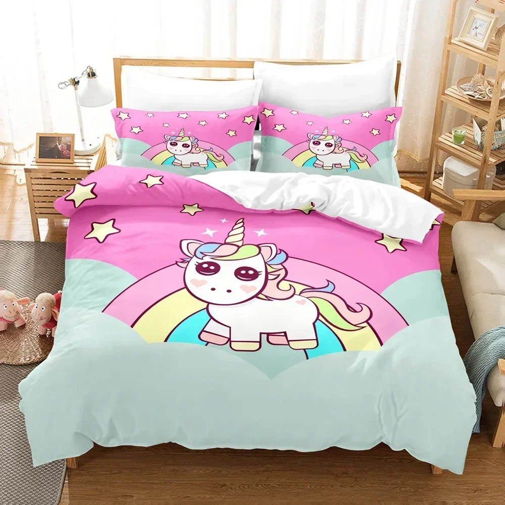 2025 Luxury New 3D Print Cartoon Unicorn Duvet Cover Set King/Queen Size Cute Pink Blue Fairy Tale Animals Polyester Bedding Set