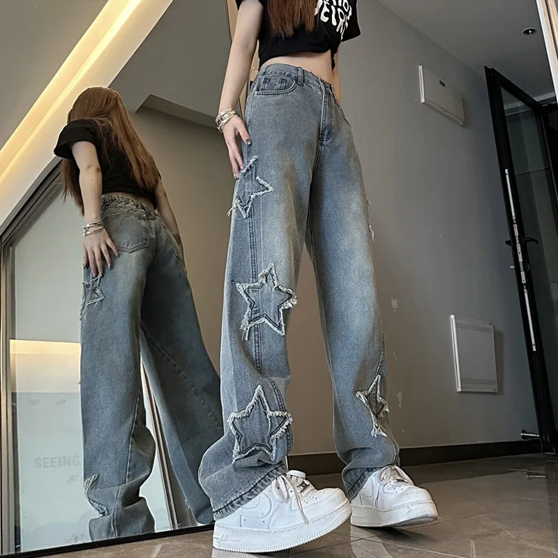 Sterne Patch Frauen Blau Jeans Neue Mode Y2K Quaste Hosen Korea Stil Gerade Hip Hop Spleißen Hosen Mädchen Streetwear