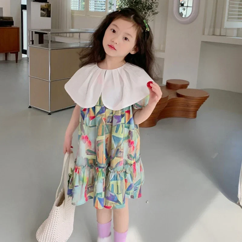 

Autumn Girls Casual Dress Baby Cotton Soft Thin Sundress Kids Flower Painting Princess Dress Children Pleated Dress 3-8Years