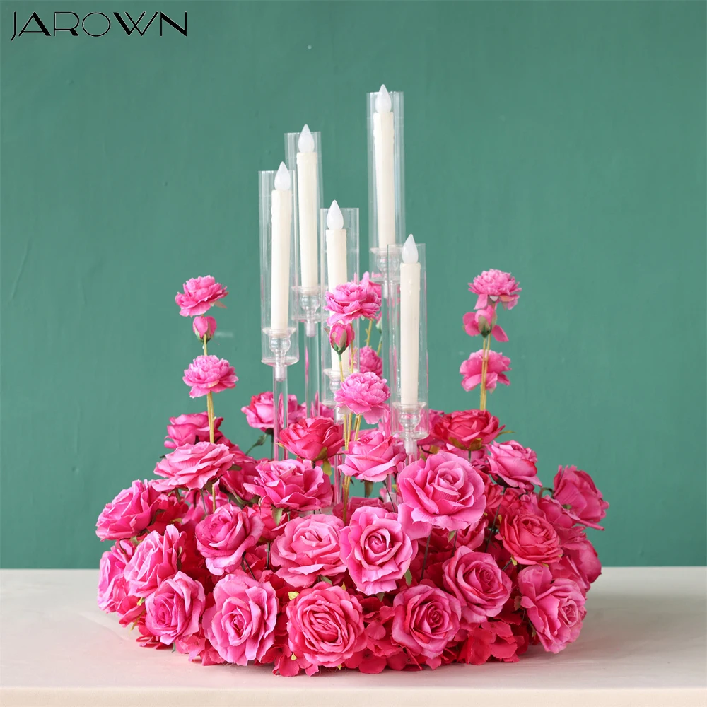 Customized Candle Floral for Wedding Event Decoration Hot Pink Series Artificial Rose Flower Arrangement Main Table Centerpieces