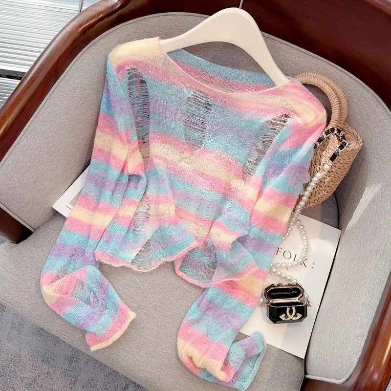 

Striped Long Sweater Stretch Thin Pullover Korean Sweet Sweater Hollow Out Spring Summer Knit Top Jumpers Y2K Clothes N855