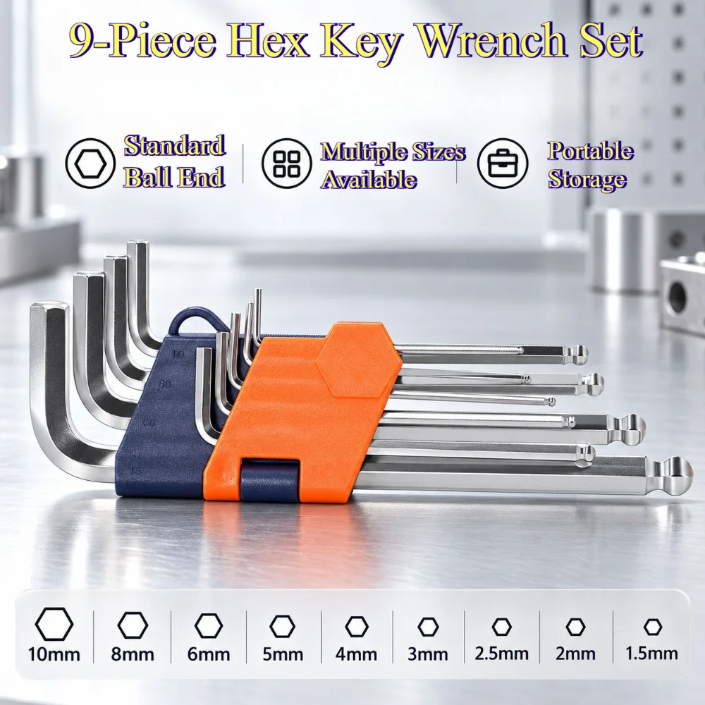 9Pcs L-Shaped Hex Key Wrench Set Metric Allen Keys Portable Storage Holder Repair Hand Tools for Furniture Bicycle Assembly