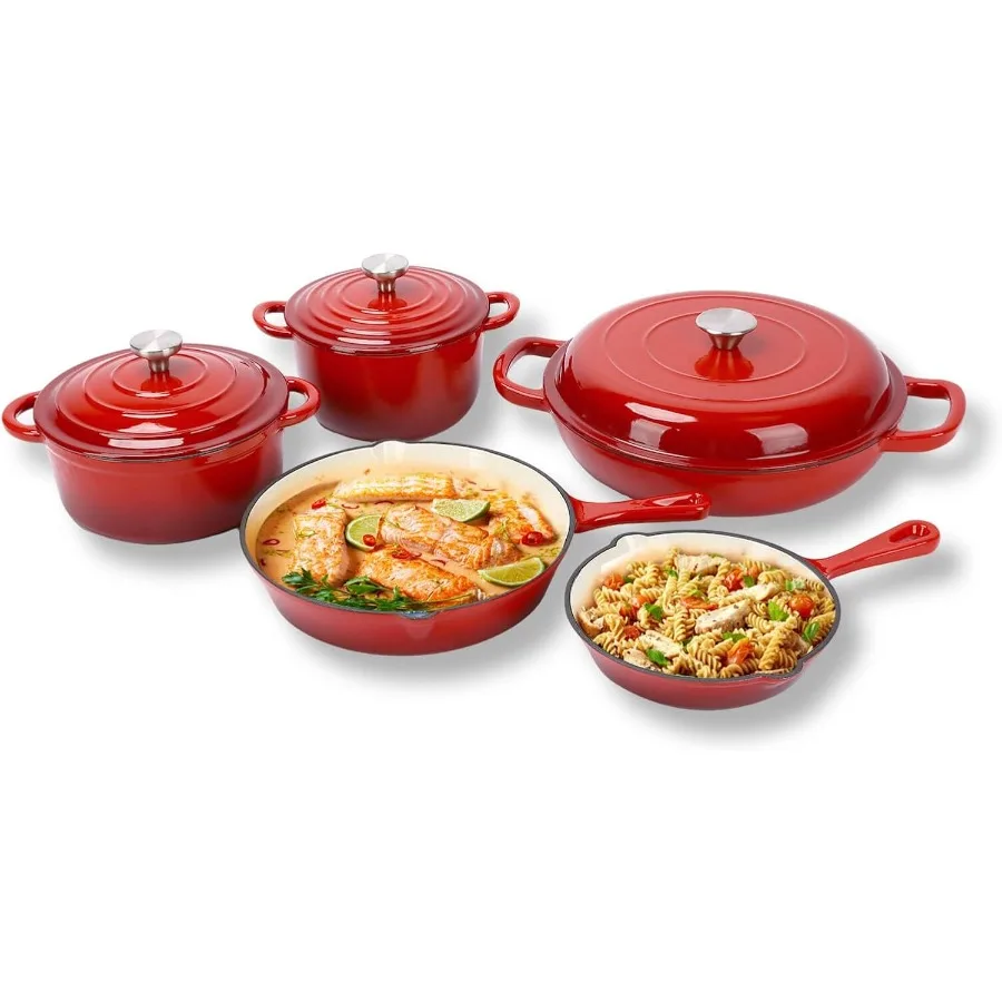 

8 Piece Enameled Cast Iron Cookware SetPots and Pans with Lid Frying Pan Skillet Sauce Pan Dutch Oven for Sourdough Bread Bakin