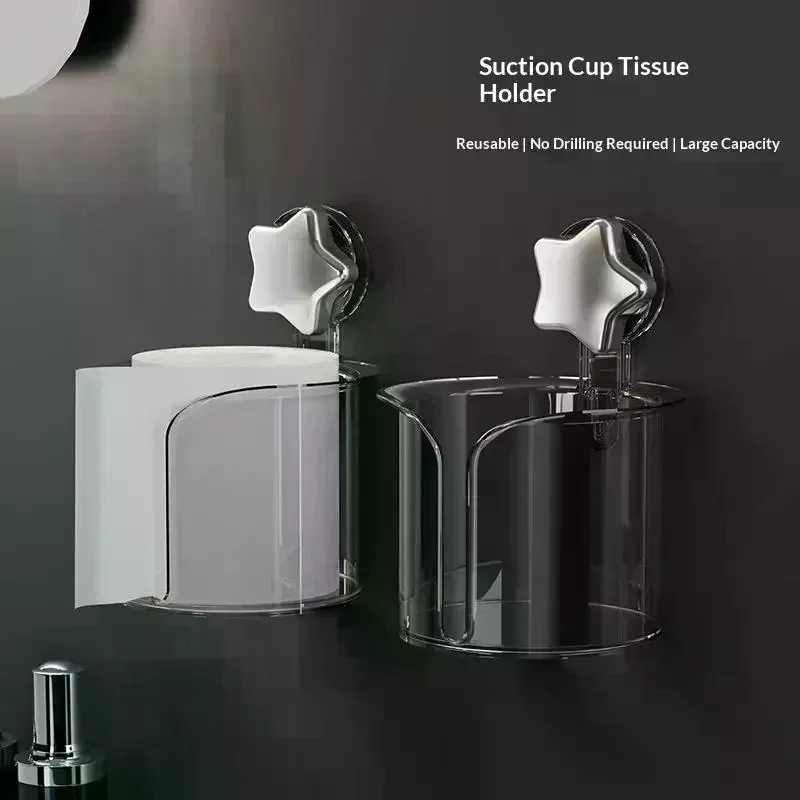 Transparent Suction Cup Tissue Holder Cute Star‑Design No‑Drilling Large Capacity For Bathroom Kitchen Use