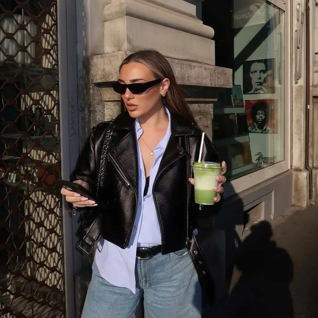 Giacca casual in pelle corta nera moda donna solida manica intera cintura con cerniera giacche corte 2026 cappotto Highstreet quotidiano da donna