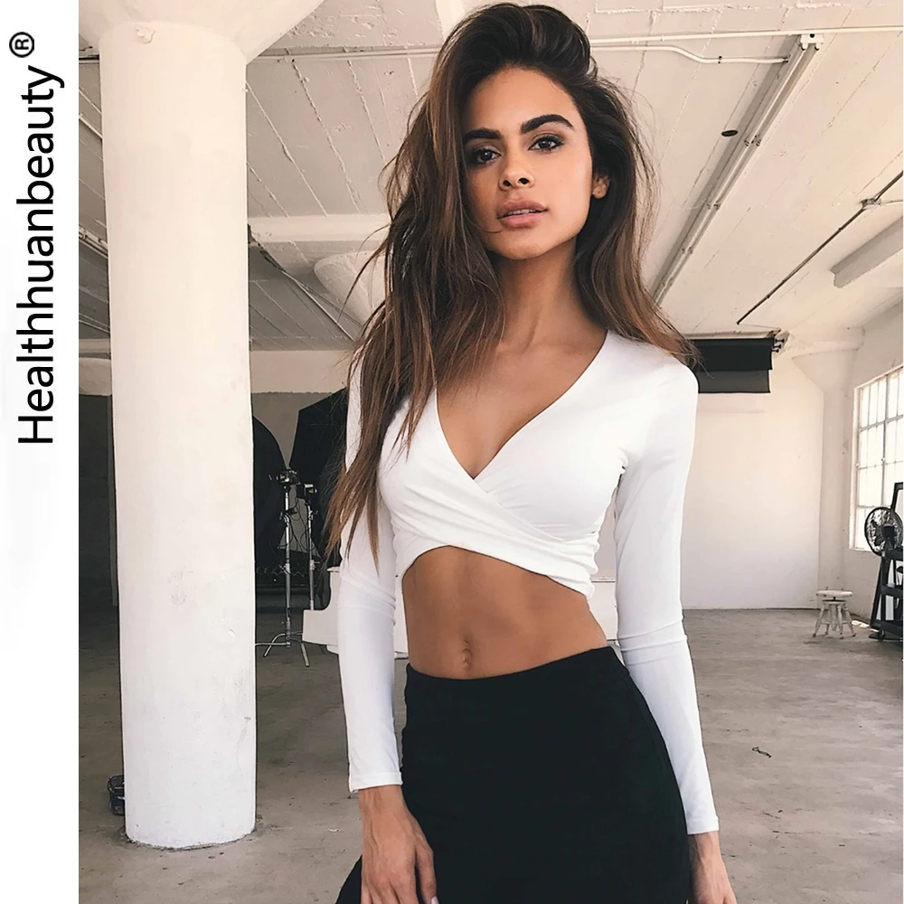 

Women Sexy Deep V-Neck Shirt Top Fashion Fleece Female Short Top Hollow Out Bandage Cross Pleated Design Top HBT1017