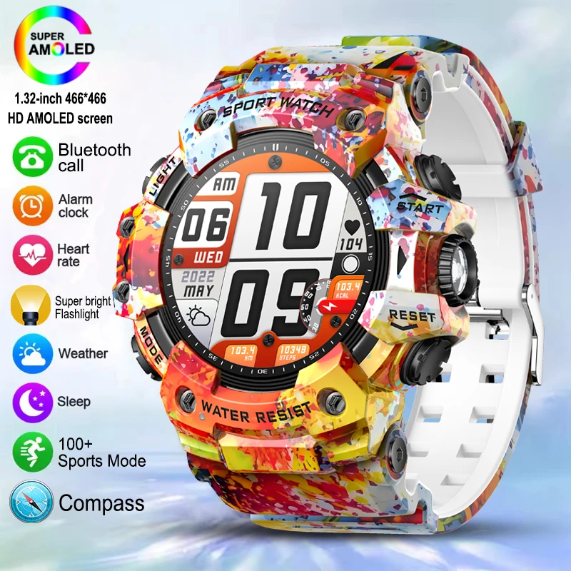 

Military Sports Smart Watch Men 100+Sports Fitness Flashlight Compass Heart Rate Bluetooth Call Waterproof Smartwatch
