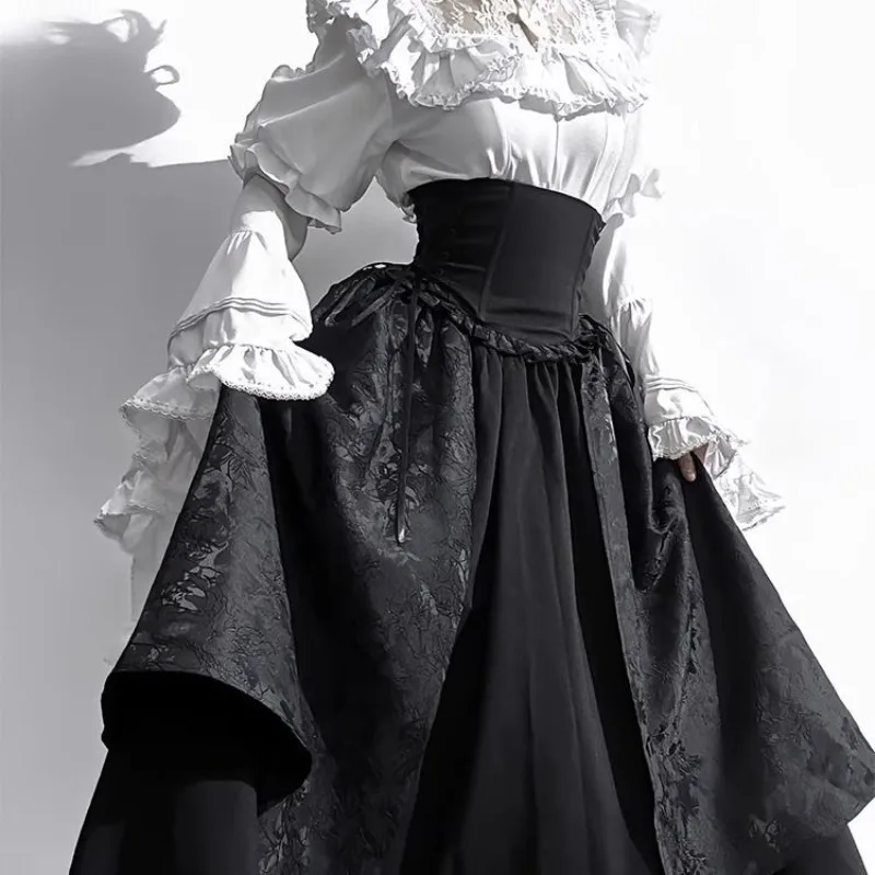 2025 Neues Gothic-Hemd Y2k Top Lolita Mädchen Rüschen Regenschirmrock Hohe Taille Lange Röcke Horn Langarm Student Elegante Bluse
