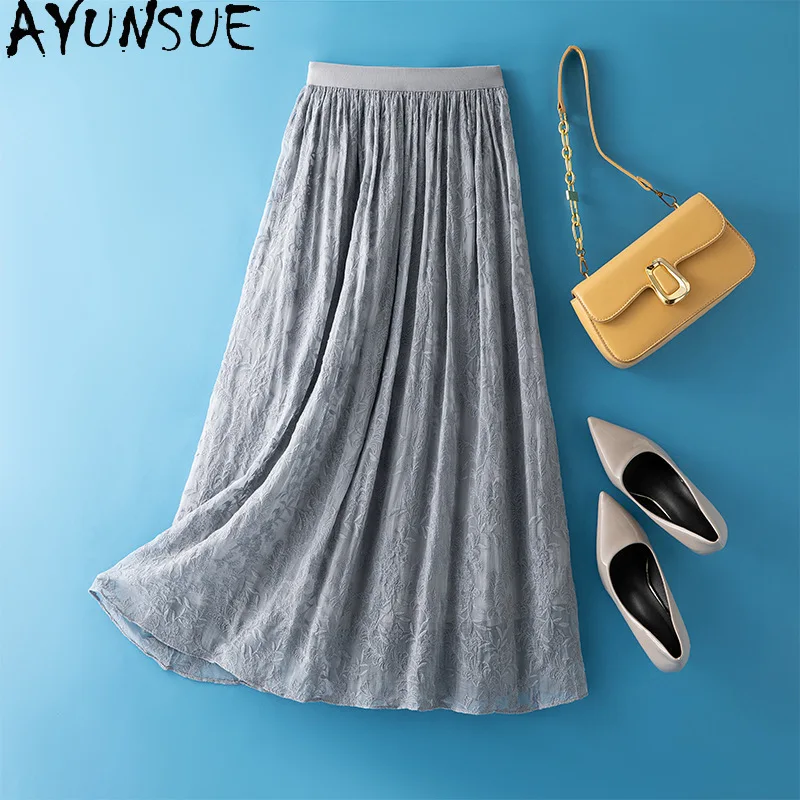 AYUNSUE Natural Silk Women's Skirts Luxury A-line Grey Skirt High Waist Flowing Skirts for Women Summer Clothes Woman 2026 스커트