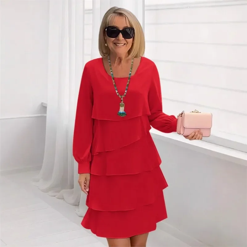 Outono feminino bolo chiffon vestido novo casual elegante o-pescoço festa irregular em camadas manga longa moda mini vestidos para mulher