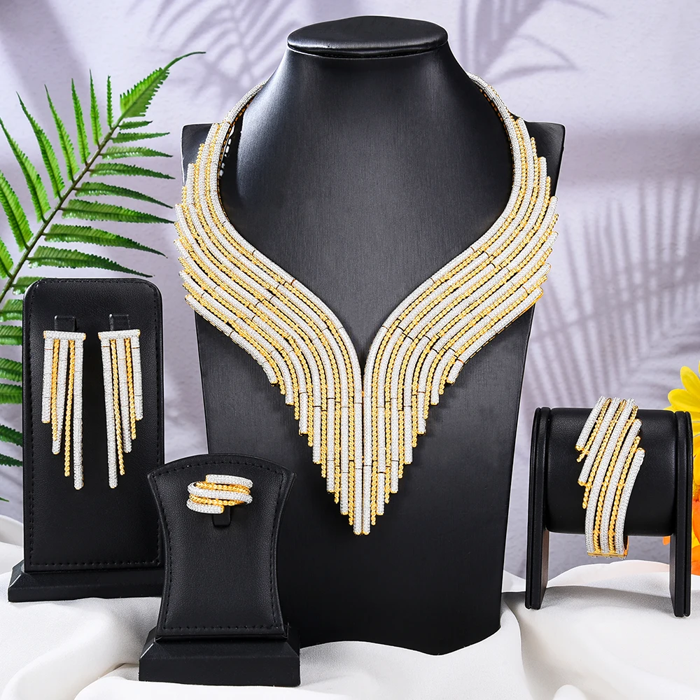 

Soramoore New Tassel Drop Big 4pcs Cute Jewelry Set For Women Party Gift Dubai Fashion Cubic Zircon Nigeria Wedding Show