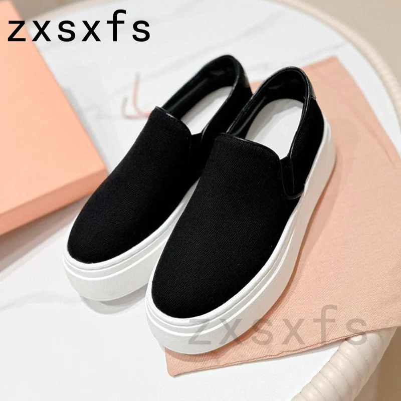 Sneakers datar kanvas bertali wanita sepatu pantofel Slip On Platform sepatu pelari kasual Flat musim semi wanita untuk Mules wanita