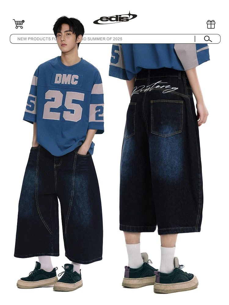 

Ретро-джинсы в американском стиле с вышивкой и широкими штанинами, унисекс, свободный крой, длина 7/8, повседневная одежда, летние джинсы