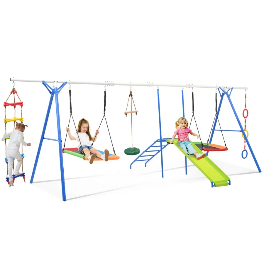 6 in 1 Swing Set for Toddle Outdoor Swing and Slide Set Backyard Playground Playsets with Climbing Rope ladder Disc Swing Monke