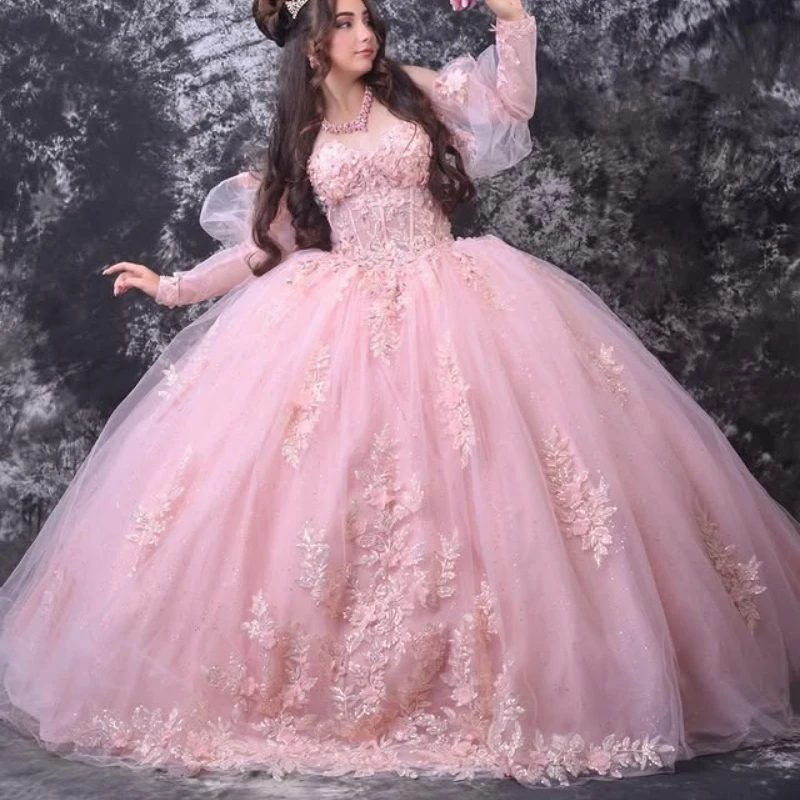 

Customized Shiny Pink Quinceanera Dresses Off the Shoulder sequin applique Long tail 3D flower Bow Vestido 15 Quinceanera