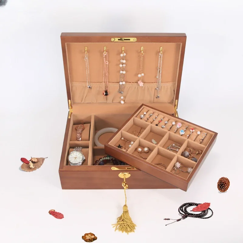 

Double Rectangle Jewelry Box Chinese Wooden Storage Box with Lock Jewelry Watch Necklace Earring Ring Storage Container Gift