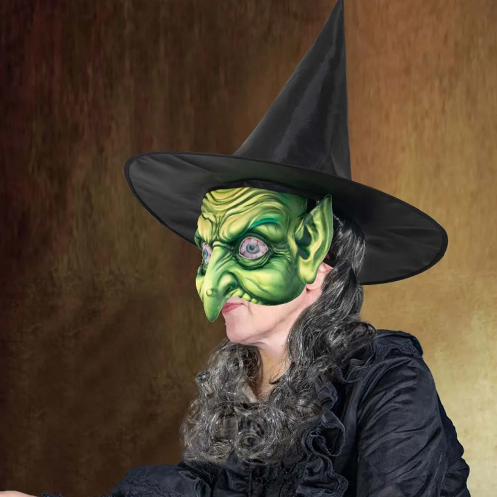 مجموعة قناع قبعة ساحرة على شكل شبكة عنكبوت للشعر، قناع ساحرة رعب للهالوين باللون الأخضر والأسود، قناع شيطان من القماش البوليستر، ديكور الدراما #3