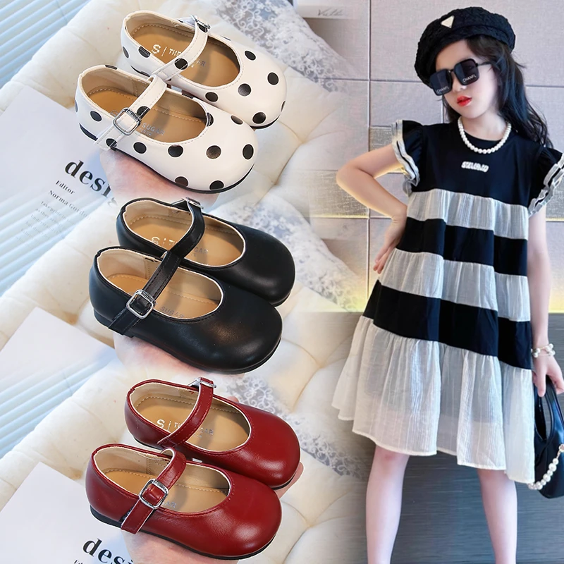 

1-16 Years Old Children's Leather Shoes Four Seasons Models Beige Polka Dot Girls Loafers Burgundy Soft Non-slip Kids Flat Shoes