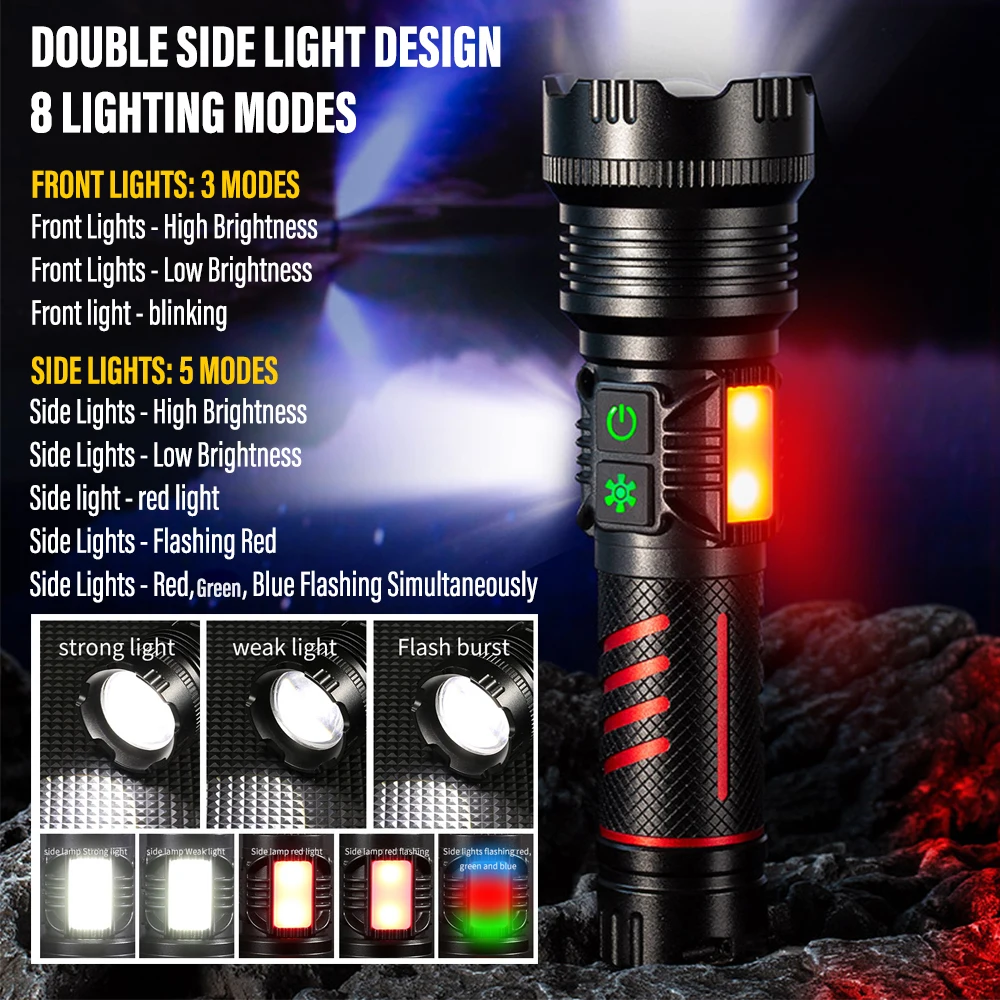 High Power LED Flashlight Torch with 300W Wick and Double Side Lights Lighting Distance 5000M Waterproof Tactical Hunting Lights