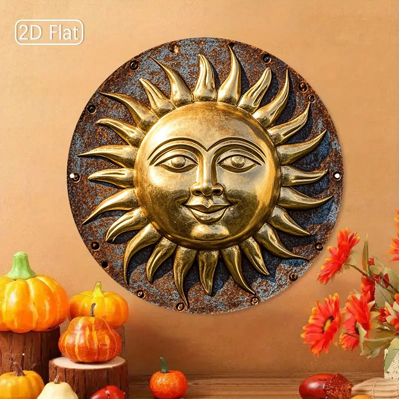 JIT Bronze Greek Key Sun Wall Art Decor, 8x8 Inch Vintage Metal Sign for Home Bar Cafe, Antique Solar Medallion Plaque Easy Inst