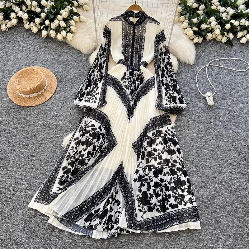 

Women's Spring Floral Pleated Maxi A-line Dress High Waist Slim Round Neck Long Sleeve Puff Sleeve Elegant Dress