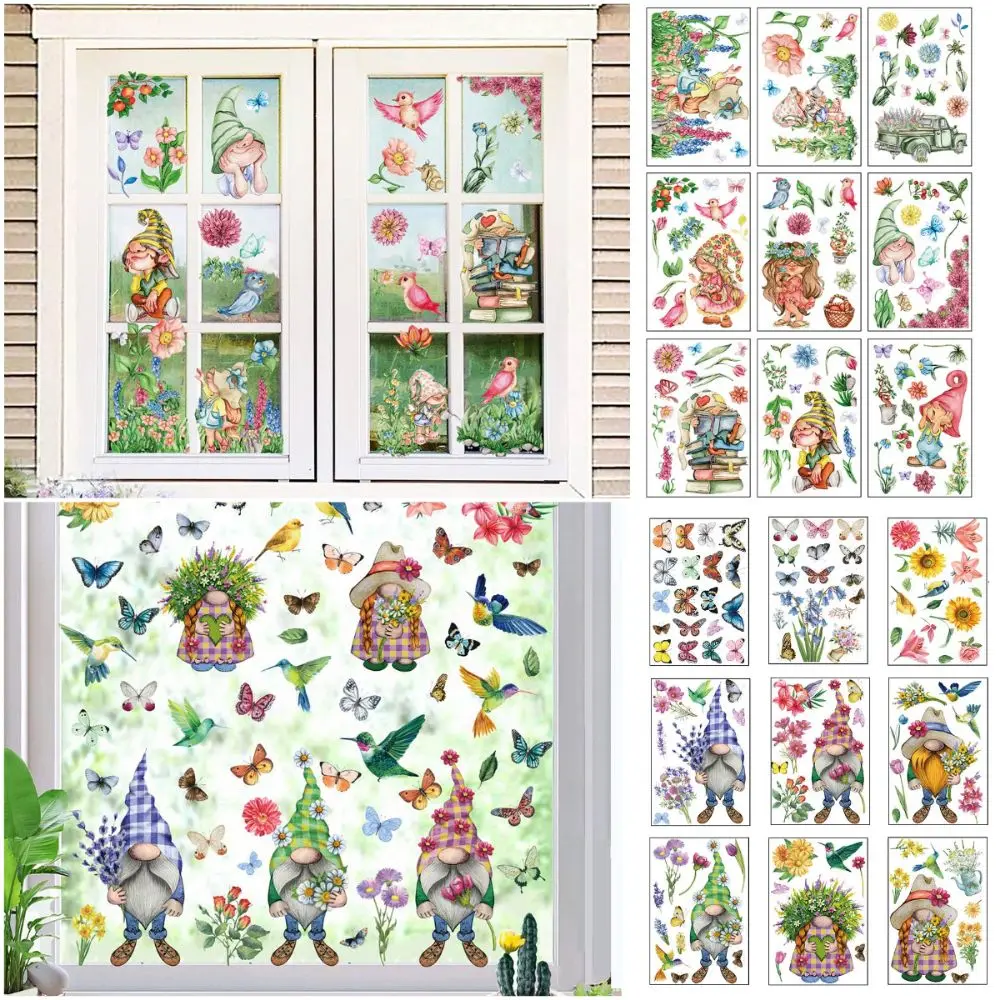 Flower Butterfly Spring Window Sticker Cartoon Dwarf Multicolor Static Stickers Double Sides Window Electrostatic Sticker Gift