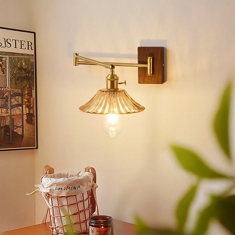 

French Wooden Base LED Wall Lamps Rocker Arm Telescopic Rotation Light Glass Lampshade Living Room Bedroom Kitchen Study Sconces