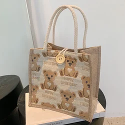 Bolso de hombro con estampado de oso para mujer, bolsa de lino para chica, bolso de estudiante, bolso informal para el almuerzo, bolsa de mano con las axilas, Lonchera