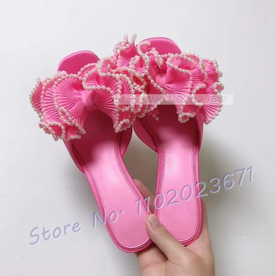 Pearl Trim Floral High Heels Slippers Women Summer Sweet Pink Ruffles Flower Shoes Open Toe Female Casual New Outfit Satin Mules