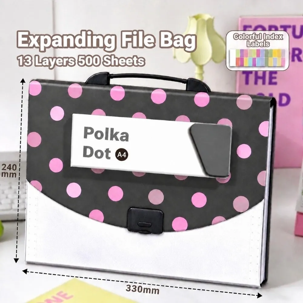 A4 Expanding File Folder 13 Pockets Polka Dot Print Organ Bag Handheld with Detachable Pencil Case Document Organizer