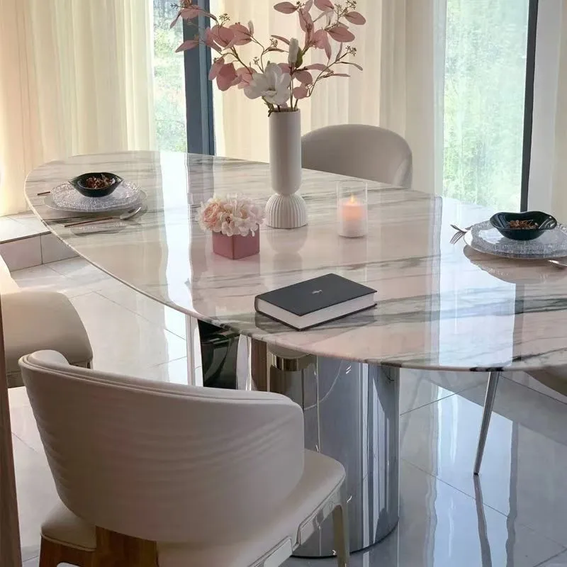 

Imported natural luxury stone powder dining table oval villa large flat marble dining table water drop shaped high-end