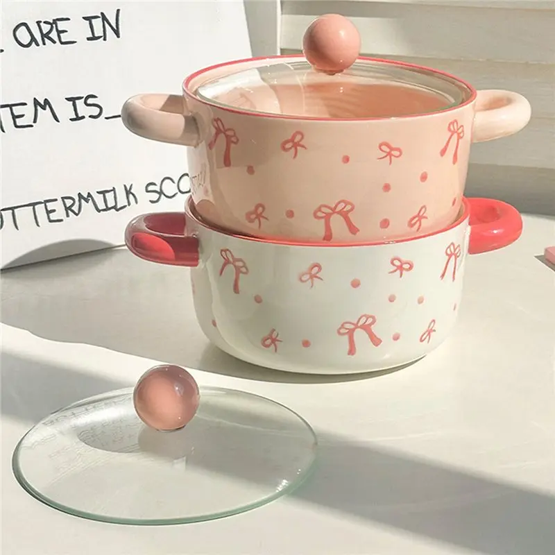 FYBL- Ciotola per tagliatelle istantanee di grande capacità con coperchio, design a doppia orecchio dall'aspetto elevato incluso