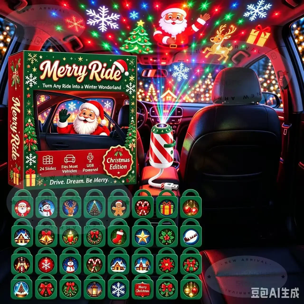 2026 Merry Ride Christmas Projector | Christmas Countdown Gift, USB Car Holiday Projector Light with Christmas Slides for Party view 3