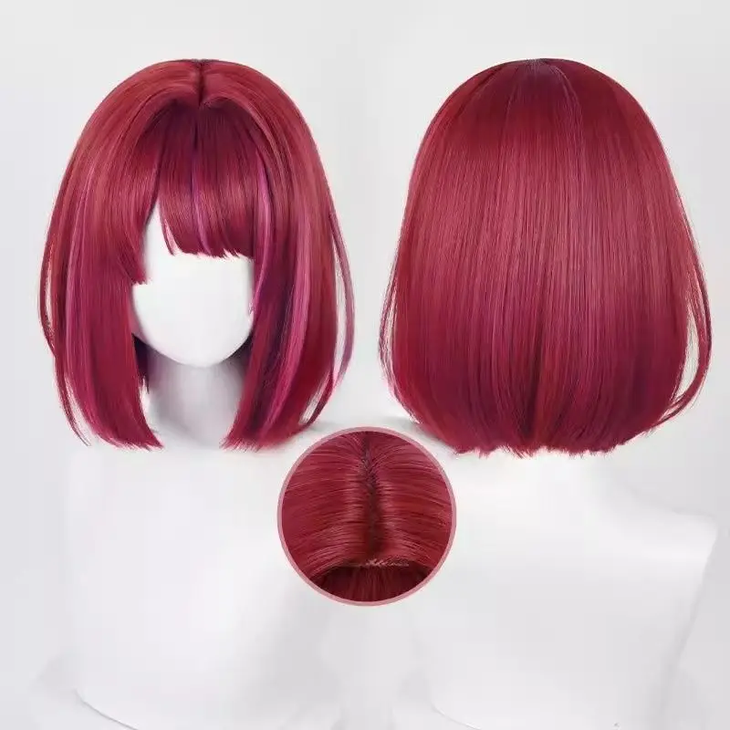Anime Oshi no Ko Arima Kana Cosplay Wig Short Red Bob Hair with Pink Highlights Heat Resistant Synthetic Wig for Halloween Party