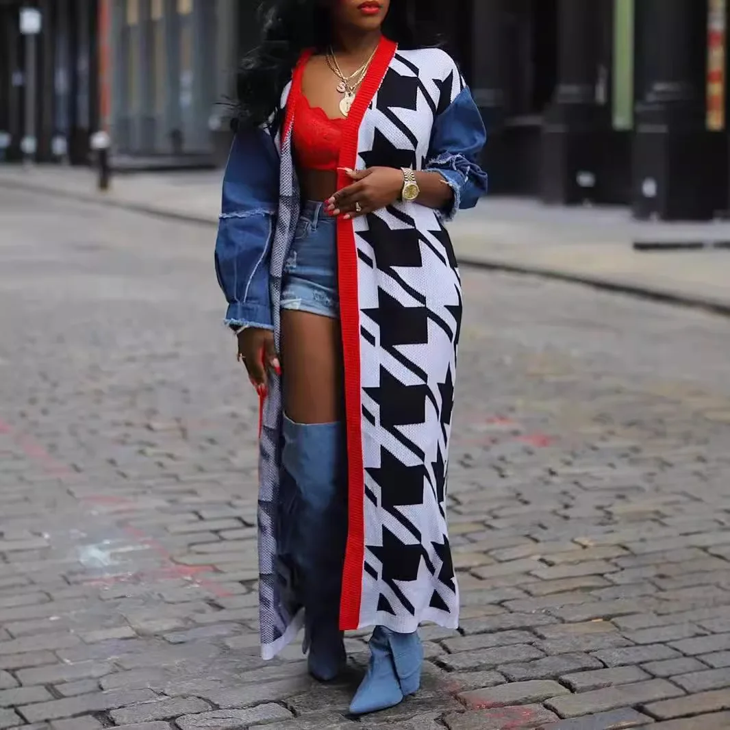 

Women Spliced Knitted Cardigan Maxi Long Jumpers Star Pattern V Neck Full Sleeves Open Stitch Loose Casual Autumn Winter 2026