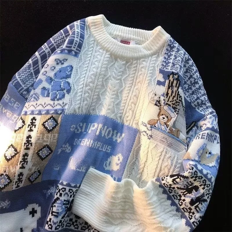 

Мужской свитер свободного кроя с круглым вырезом, утепленный, в стиле пэчворк, осенне-зимний, теплый, из полиэфирного волокна, для пар