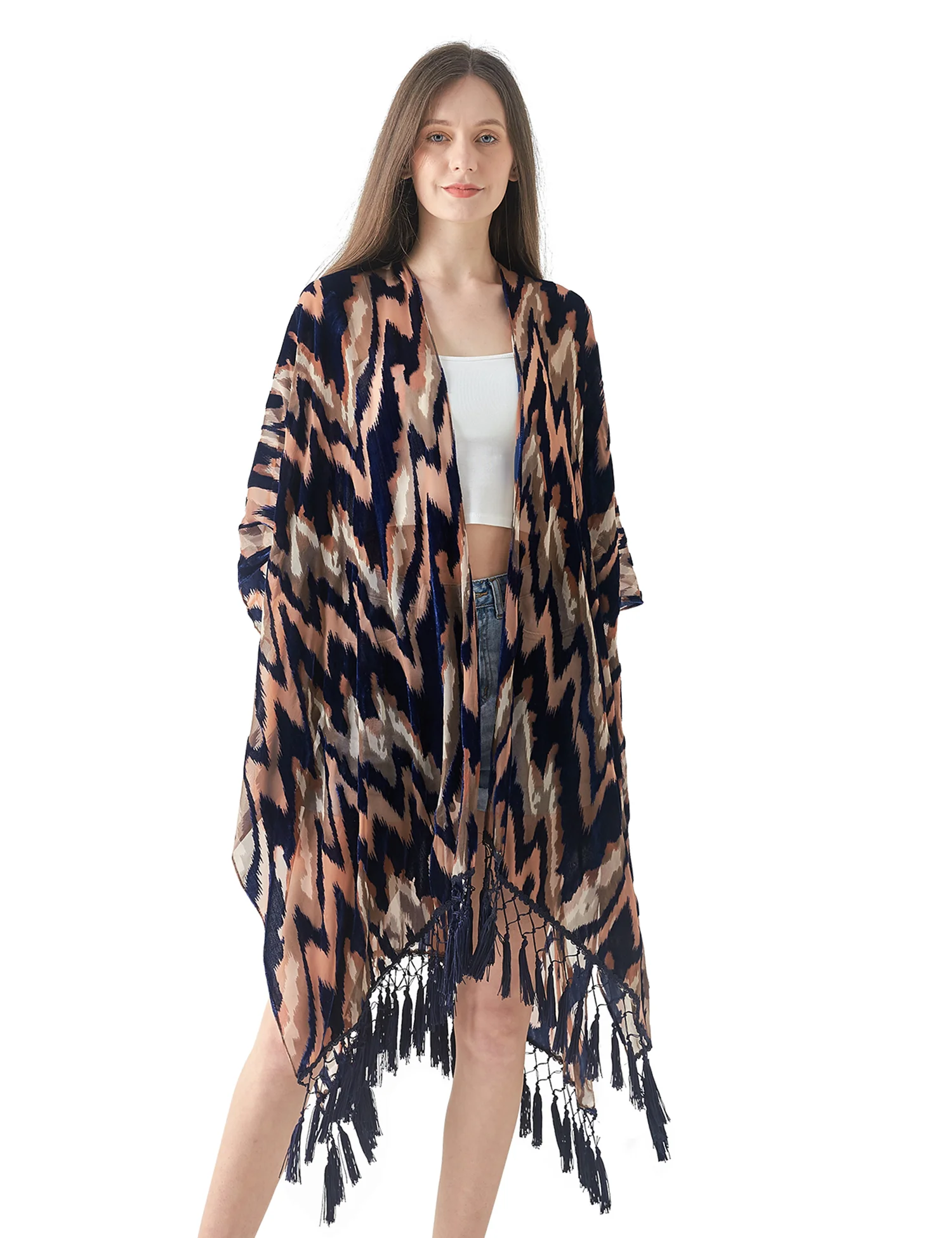 WeHello-Velvet Kimono for Women,Bohemian Burnout Long Tassel, Beach Cover-up, Casual Cardigan, Kimono, Shawl, Holiday Style