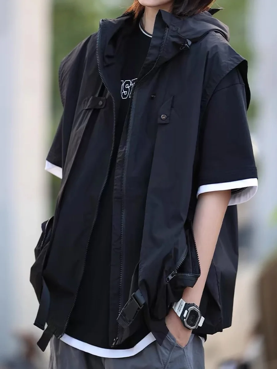 

Ретро-японский рабочий жилет в стиле милитари, функциональный тактический свободный повседневный жилет с подплечниками и капюшоном для активного отдыха